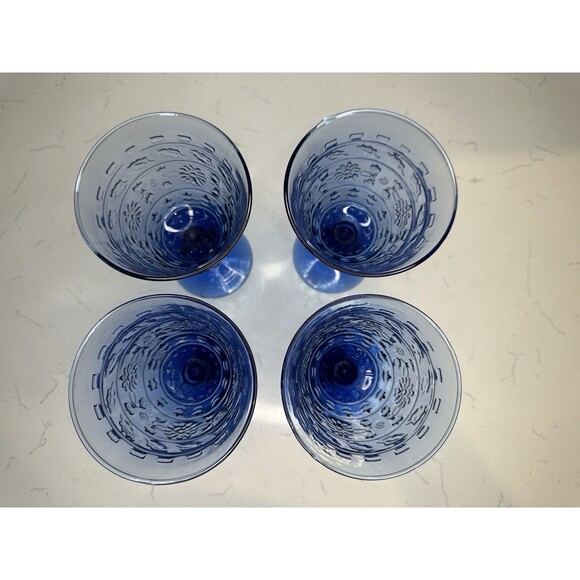 Set of 4 Cobalt Blue Pressed Glass Goblets Vintage-Style Floral Pattern - Picture 3 of 4